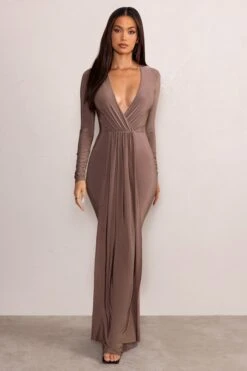 Kyle | Mocha Long Sleeve Plunge Maxi Dress -ENY Clothing Shop WB CL129263 KyleMochaLongSleevePlungeMaxiDress1