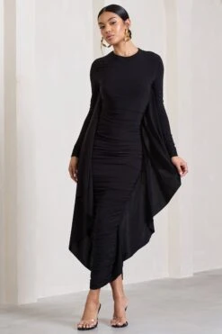 Keva | Black Long Sleeve Ruched Maxi Dress With Cape Detailing -ENY Clothing Shop WB CL129265002 KevaBlackLongSleeveRuchedMaxiDresswithCapeDetailing1 2c2cc9f1 8cd8 4154 8451 a9b97581893e