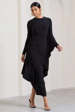 Keva | Black Long Sleeve Ruched Maxi Dress With Cape Detailing -ENY Clothing Shop WB CL129265002 KevaBlackLongSleeveRuchedMaxiDresswithCapeDetailing2 82e3a406 6abd 4c10 a182 c0546c8e63fd