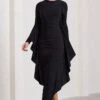 Keva | Black Long Sleeve Ruched Maxi Dress With Cape Detailing -ENY Clothing Shop WB CL129265002 KevaBlackLongSleeveRuchedMaxiDresswithCapeDetailing4 9f90b71f 6778 4709 83fd 703888b608ef
