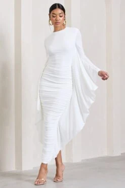 Keva | White Long Sleeve Ruched Maxi Dress With Cape Detailing -ENY Clothing Shop WB CL129265005 KevaWhiteLongSleeveRuchedMaxiDresswithCapeDetailing0