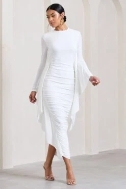 Keva | White Long Sleeve Ruched Maxi Dress With Cape Detailing -ENY Clothing Shop WB CL129265005 KevaWhiteLongSleeveRuchedMaxiDresswithCapeDetailing3 c8f249d2 628c 4204 b576 ddcd53f68f76