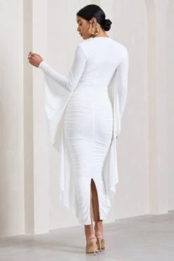 Keva | White Long Sleeve Ruched Maxi Dress With Cape Detailing -ENY Clothing Shop WB CL129265005 KevaWhiteLongSleeveRuchedMaxiDresswithCapeDetailing6 366a8a5b 9f12 49f5 9b75 9a1eaf795aec