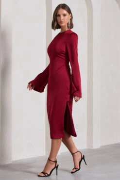 Zaina | Burgundy Long Sleeve Midi Dress With High Neckline -ENY Clothing Shop WB CL129273069 ZainaBurgundyLongSleeveMidiDresswithHighNeckline0