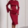 Zaina | Burgundy Long Sleeve Midi Dress With High Neckline -ENY Clothing Shop WB CL129273069 ZainaBurgundyLongSleeveMidiDresswithHighNeckline1