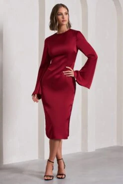 Zaina | Burgundy Long Sleeve Midi Dress With High Neckline -ENY Clothing Shop WB CL129273069 ZainaBurgundyLongSleeveMidiDresswithHighNeckline3