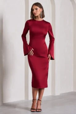 Zaina | Burgundy Long Sleeve Midi Dress With High Neckline -ENY Clothing Shop WB CL129273069 ZainaBurgundyLongSleeveMidiDresswithHighNeckline5