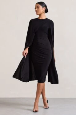Marysol | Black Asymmetric Cape Midi Dress -ENY Clothing Shop WB CL129284002 Marysol BlackAsymmetricCapeMidiDress11