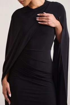 Marysol | Black Asymmetric Cape Midi Dress -ENY Clothing Shop WB CL129284002 Marysol BlackAsymmetricCapeMidiDress4