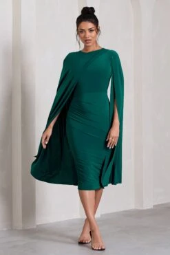 Marysol | Bottle Green Asymmetric Cape Midi Dress -ENY Clothing Shop WB CL129284047 Marysol BottleGreenAsymmetricCapeMidiDress0