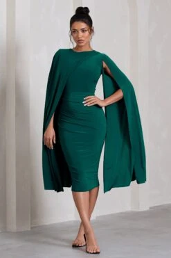 Marysol | Bottle Green Asymmetric Cape Midi Dress -ENY Clothing Shop WB CL129284047 Marysol BottleGreenAsymmetricCapeMidiDress1