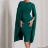 Marysol | Bottle Green Asymmetric Cape Midi Dress