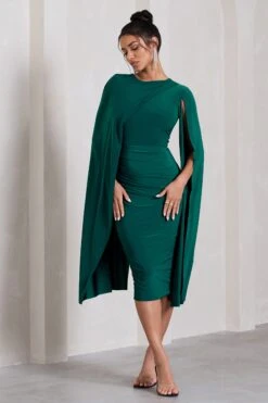Marysol | Bottle Green Asymmetric Cape Midi Dress