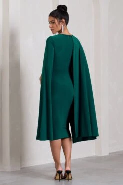 Marysol | Bottle Green Asymmetric Cape Midi Dress -ENY Clothing Shop WB CL129284047 Marysol BottleGreenAsymmetricCapeMidiDress5