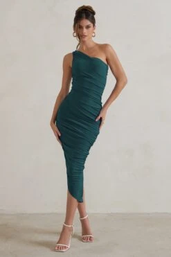 Dorit | Bottle Green One Shoulder Asymmetric Ruched Midi Dress -ENY Clothing Shop WB CL129293 DoritBottleGreenOneShoulderAsymmetricRuchedMidiDress0