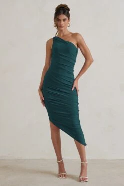 Dorit | Bottle Green One Shoulder Asymmetric Ruched Midi Dress -ENY Clothing Shop WB CL129293 DoritBottleGreenOneShoulderAsymmetricRuchedMidiDress1