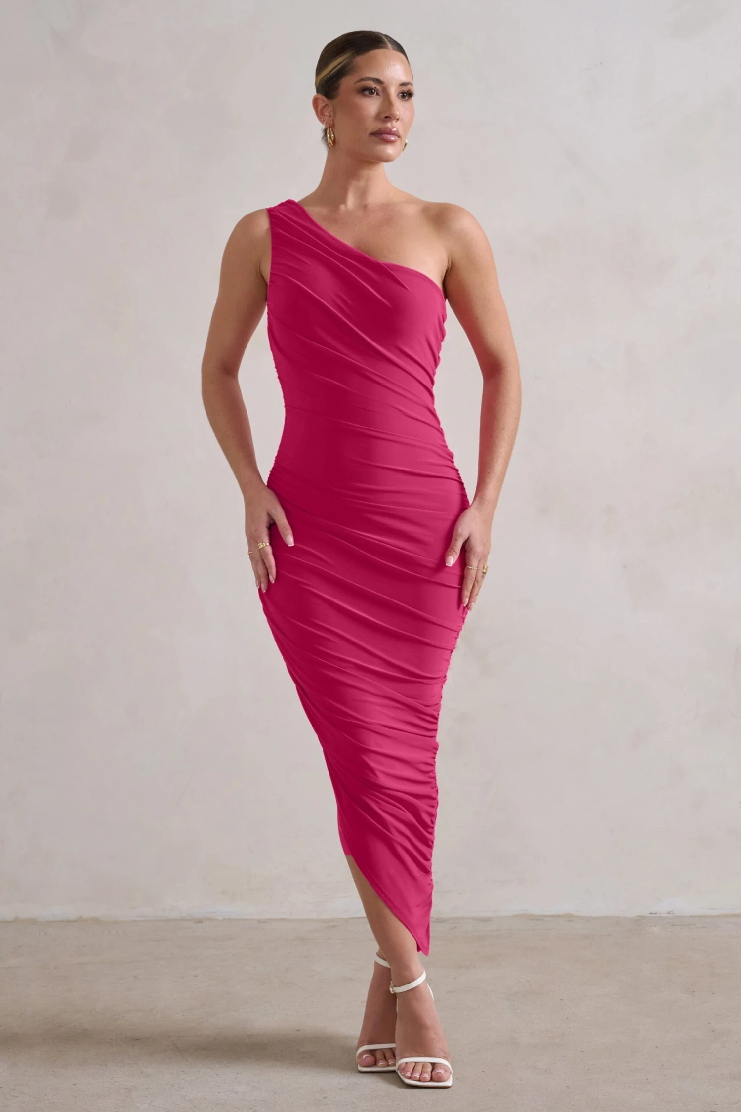 Dorit | Hot Pink One Shoulder Asymmetric Ruched Midi Dress 3 Dorit | Hot Pink One Shoulder Asymmetric Ruched Midi Dress