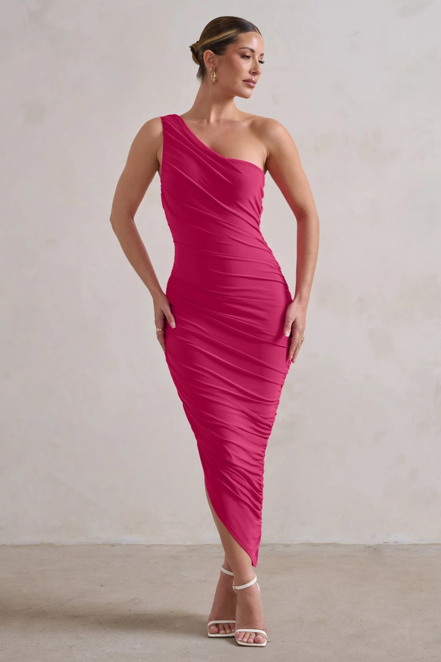 Dorit | Hot Pink One Shoulder Asymmetric Ruched Midi Dress 6 Dorit | Hot Pink One Shoulder Asymmetric Ruched Midi Dress - Image 4