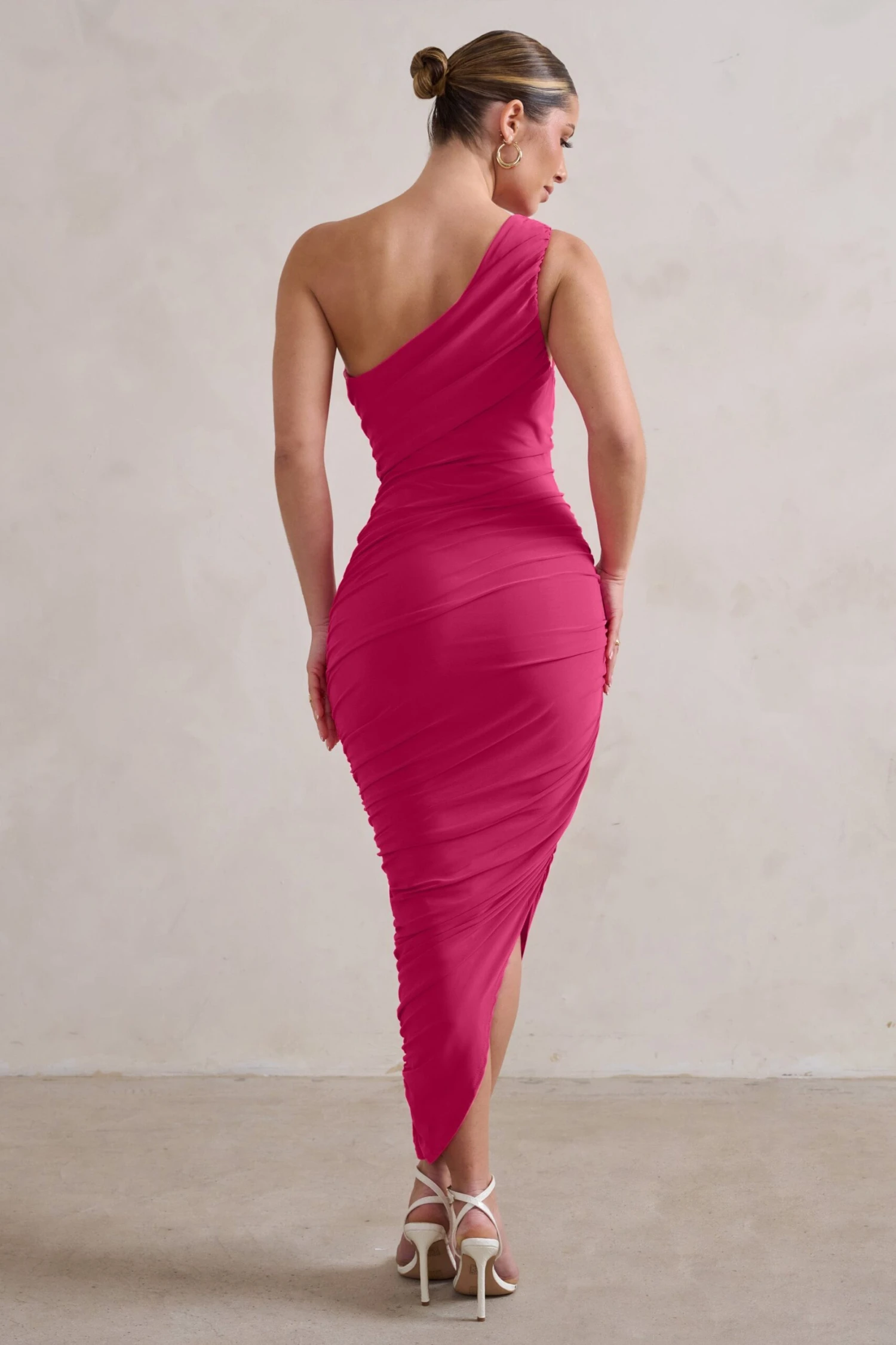 Dorit | Hot Pink One Shoulder Asymmetric Ruched Midi Dress 4 Dorit | Hot Pink One Shoulder Asymmetric Ruched Midi Dress - Image 2