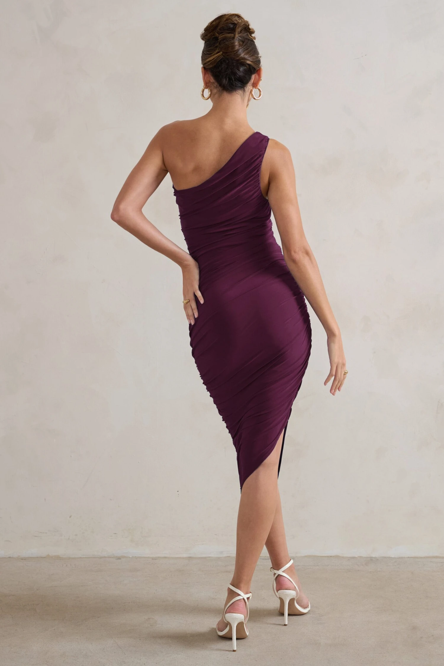 Dorit | Plum One Shoulder Asymmetric Ruched Midi Dress 4 Dorit | Plum One Shoulder Asymmetric Ruched Midi Dress - Image 2