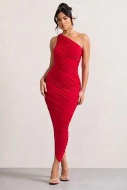 Dorit | Red One Shoulder Asymmetric Ruched Midi Dress -ENY Clothing Shop WB CL129293004 Dorit RedOneShoulderAsymmetricRuchedMidiDress0