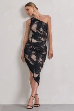 Dorit | Brown Print One Shoulder Asymmetric Ruched Midi Dress -ENY Clothing Shop WB CL129293110 DoritBrownPrintOneShoulderAsymmetricRuchedMidiDressBROWNPRINT13