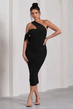 Cici | Black Asymmetric One Shoulder Ruched Midi Dress -ENY Clothing Shop WB CL129294002 CiciBlackAsymmetricOneShoulderRuchedMidiDress1