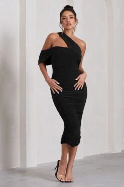 Cici | Black Asymmetric One Shoulder Ruched Midi Dress -ENY Clothing Shop WB CL129294002 CiciBlackAsymmetricOneShoulderRuchedMidiDress2