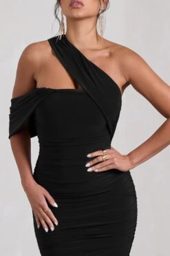 Cici | Black Asymmetric One Shoulder Ruched Midi Dress -ENY Clothing Shop WB CL129294002 CiciBlackAsymmetricOneShoulderRuchedMidiDress3