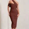 Cici | Brown Asymmetric One Shoulder Ruched Midi Dress -ENY Clothing Shop WB CL129294009 CiciBrownAsymmetricOneShoulderRuchedMidiDress0