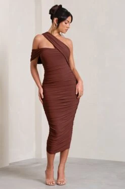 Cici | Brown Asymmetric One Shoulder Ruched Midi Dress -ENY Clothing Shop WB CL129294009 CiciBrownAsymmetricOneShoulderRuchedMidiDress1