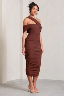 Cici | Brown Asymmetric One Shoulder Ruched Midi Dress -ENY Clothing Shop WB CL129294009 CiciBrownAsymmetricOneShoulderRuchedMidiDress2