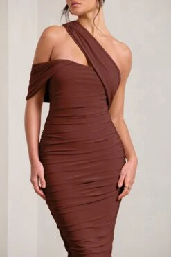 Cici | Brown Asymmetric One Shoulder Ruched Midi Dress -ENY Clothing Shop WB CL129294009 CiciBrownAsymmetricOneShoulderRuchedMidiDress3