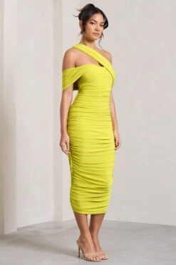 Cici | Lime Green Asymmetric One Shoulder Ruched Midi Dress -ENY Clothing Shop WB CL129294009 CiciLimeGreenAsymmetricOneShoulderRuchedMidiDress2