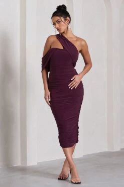 Cici | Plum Asymmetric One Shoulder Ruched Midi Dress -ENY Clothing Shop WB CL129294101 CiciPlumAsymmetricOneShoulderRuchedMidiDress0