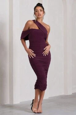 Cici | Plum Asymmetric One Shoulder Ruched Midi Dress -ENY Clothing Shop WB CL129294101 CiciPlumAsymmetricOneShoulderRuchedMidiDress3