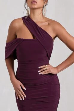 Cici | Plum Asymmetric One Shoulder Ruched Midi Dress -ENY Clothing Shop WB CL129294101 CiciPlumAsymmetricOneShoulderRuchedMidiDress5