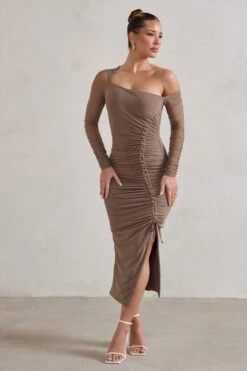 Treasured | Mocha Asymmetric Mesh Long Sleeve Ruched Midi Dress -ENY Clothing Shop WB CL129303 TreasuredMochaAsymmetricMeshLongSleeveRuchedMidiDress0