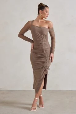 Treasured | Mocha Asymmetric Mesh Long Sleeve Ruched Midi Dress