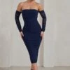 Sorella | Navy Ruched Mesh Bardot Midi Dress -ENY Clothing Shop WB CL129311 SorellaNavyRuchedMeshBardotMidiDress0