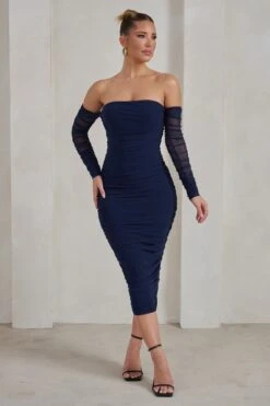 Sorella | Navy Ruched Mesh Bardot Midi Dress -ENY Clothing Shop WB CL129311 SorellaNavyRuchedMeshBardotMidiDress1