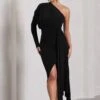 Catherine | Black Asymmetric Midi Dress With Statement Drape -ENY Clothing Shop WB CL129314002 CatherineBlackAsymmetricMidiDressWithStatementDrape1