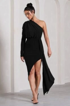 Catherine | Black Asymmetric Midi Dress With Statement Drape -ENY Clothing Shop WB CL129314002 CatherineBlackAsymmetricMidiDressWithStatementDrape2