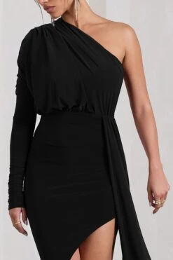 Catherine | Black Asymmetric Midi Dress With Statement Drape -ENY Clothing Shop WB CL129314002 CatherineBlackAsymmetricMidiDressWithStatementDrape2 c0d054eb 2dfc 4191 8f26 13da612b11bf
