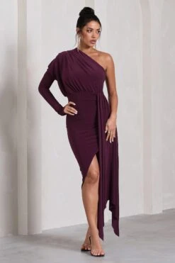 Catherine | Plum Asymmetric Midi Dress With Statement Drape -ENY Clothing Shop WB CL129314101 CatherinePlumAsymmetricMidiDressWithStatementDrape0