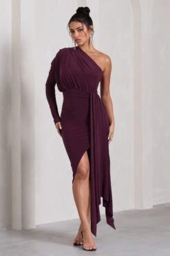 Catherine | Plum Asymmetric Midi Dress With Statement Drape -ENY Clothing Shop WB CL129314101 CatherinePlumAsymmetricMidiDressWithStatementDrape2