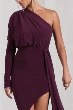 Catherine | Plum Asymmetric Midi Dress With Statement Drape -ENY Clothing Shop WB CL129314101 CatherinePlumAsymmetricMidiDressWithStatementDrape4