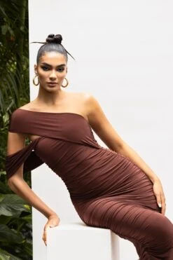 Cici | Brown Asymmetric One Shoulder Ruched Midi Dress -ENY Clothing Shop WB CL129319 CiciBrown Campaign