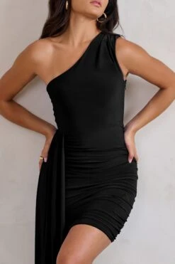 Charlie | Black One Shoulder Ruched Mini Dress With Statement Drape -ENY Clothing Shop WB CL129320 CharlieBlackOneShoulderRuchedMiniDressWithStatementDrape5 01