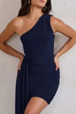 Charlie | Navy One Shoulder Ruched Mini Dress With Statement Drape -ENY Clothing Shop WB CL129320 CharlieNavyOneShoulderRuchedMiniDressWithStatementDrape5